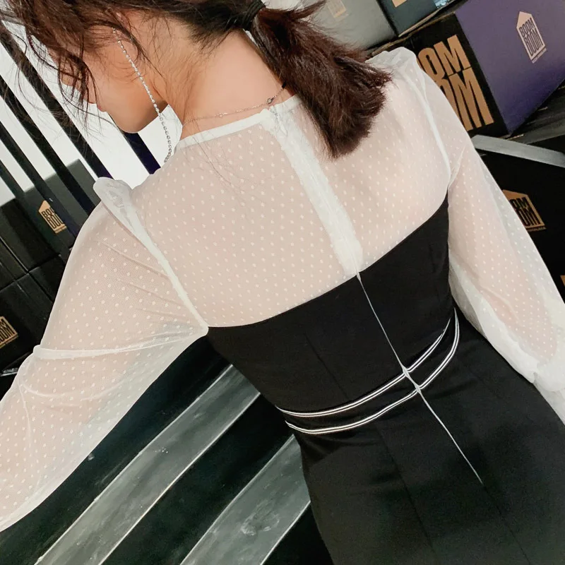 Spring Women Sexy Party Dress V Neck Full Flare Sleeve Bandage Bodycon Dresses Vestidos Elegant Mesh Patchwork Mid-Calf | Женская одежда