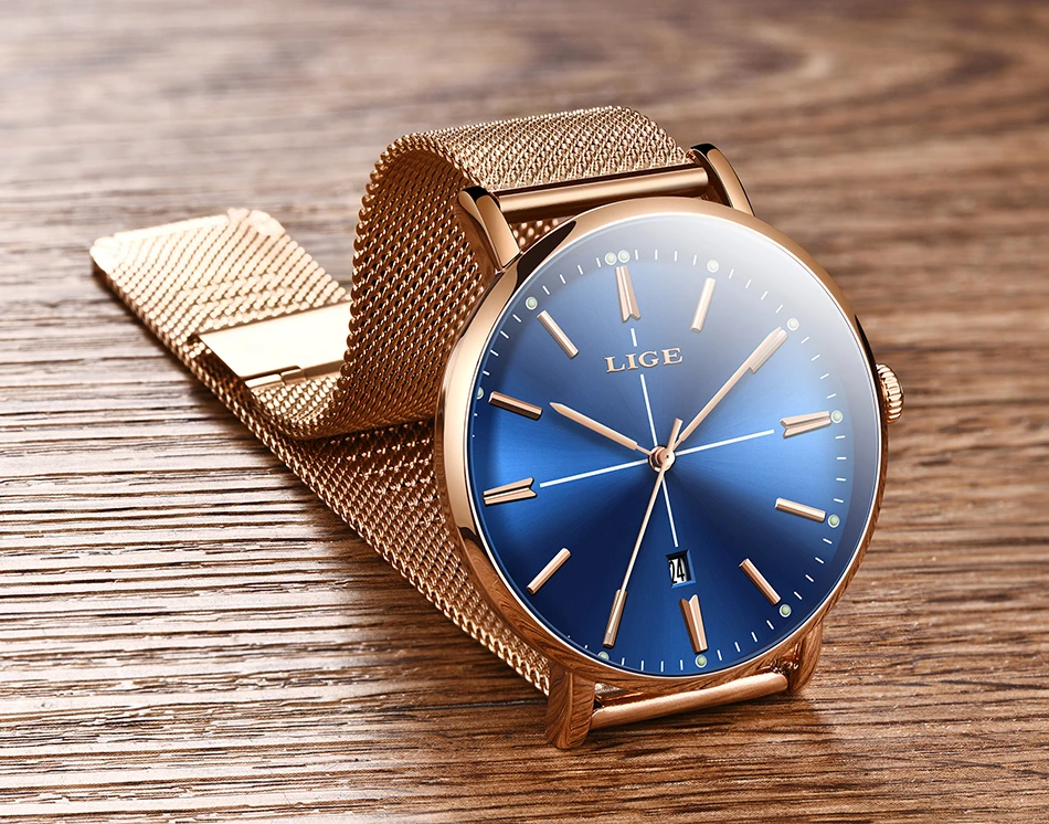 Часы LIGE женские кварцевые с сетчатым ремешком брендовые Роскошные ультратонкие