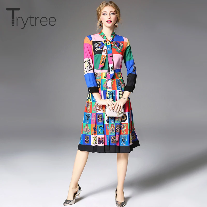Trytree летнее осеннее платье уличный стиль для женщин с принтом полиэстер платья