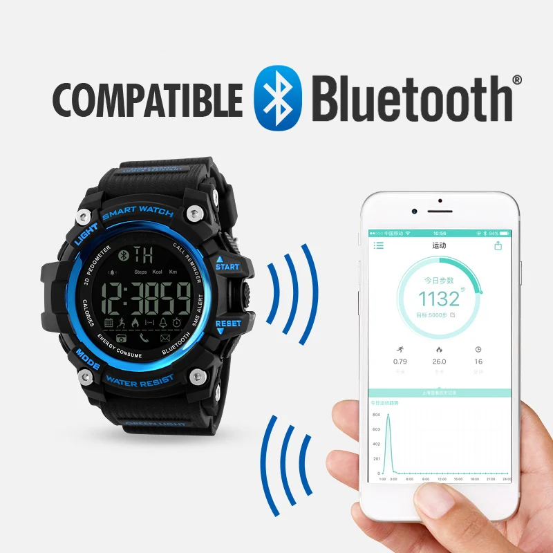 Новые модные мужские спортивные светодиодный кварцевые часы с Bluetooth и будильником, военные многофункциональные водонепроницаемые наручные часы