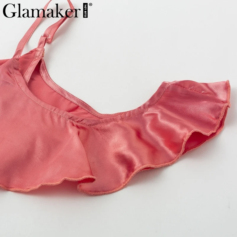 Glamaker, Атласные оборки, элегантный короткий укороченный Топ для женщин, с открытыми плечами, сексуальный летний топ на бретелях для женщин, весенние вечерние топы на бретельках с открытой спиной, Новинка