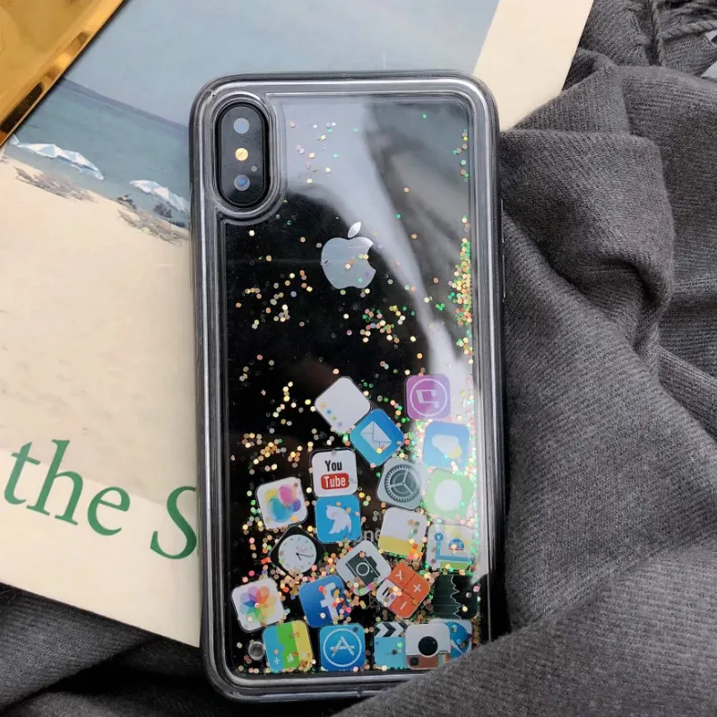 Gold Для iPhone 8 жидкий Жесткий PC Прозрачный чехол для телефона для iPhone 6 6S 7 8 Plus X XS XR MAX чехол s зыбучие пески милый чехол с изображением приложения - Цвет: Gold