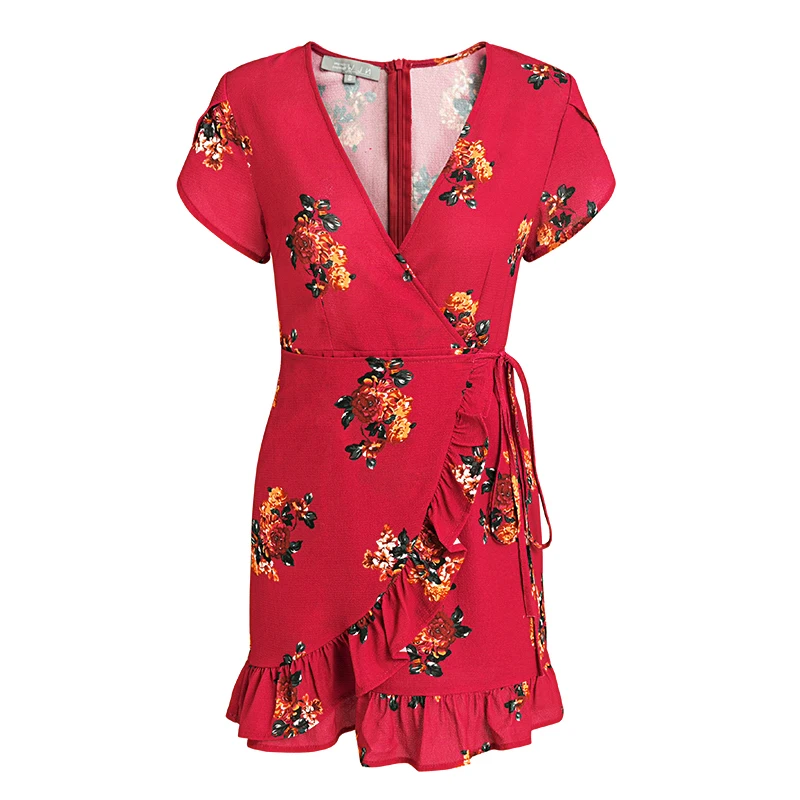 Sollinarry/красное платье с цветочным принтом мини-накидка сексуальное v-образным