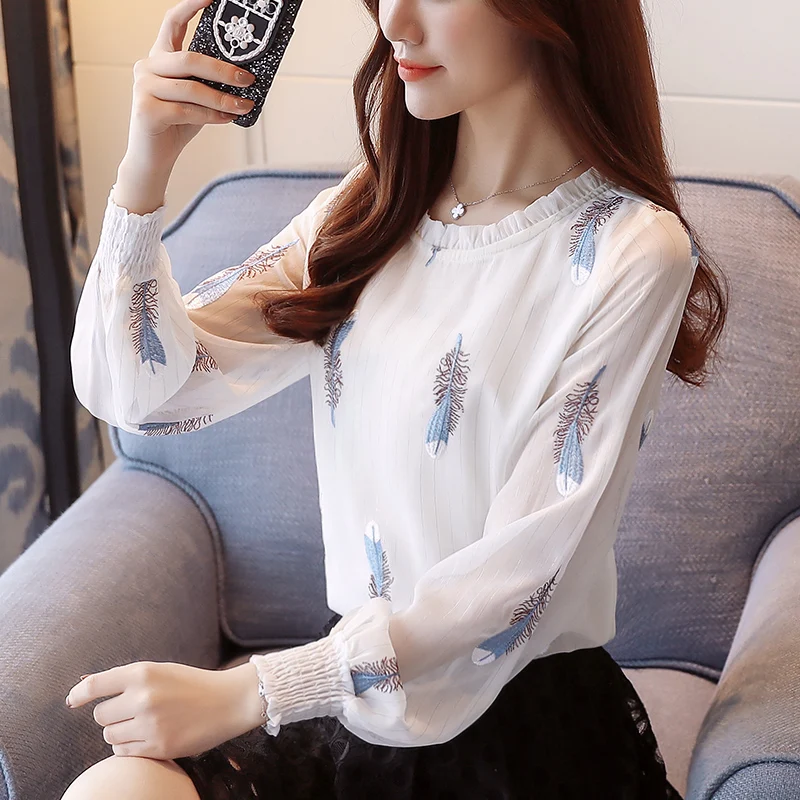 Модные женские блузки 2018 новая вышитая шифоновая рубашка с перьями длинный рукав