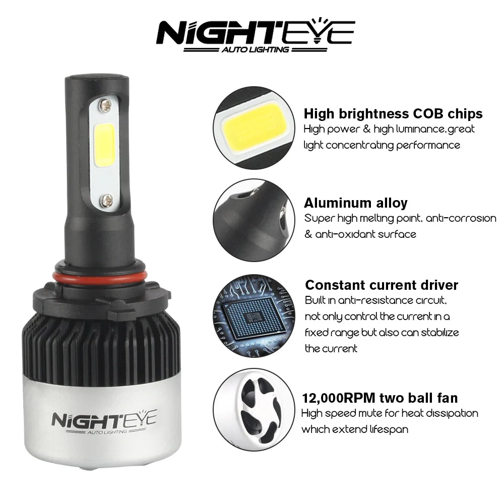Nighteye 9000LM 6500 K H4 H7 H11 72 W фары для автомобилей COB Светодиодный фар лампочки Canbus Error Free матовые жизненный цикл 100, 000hrs