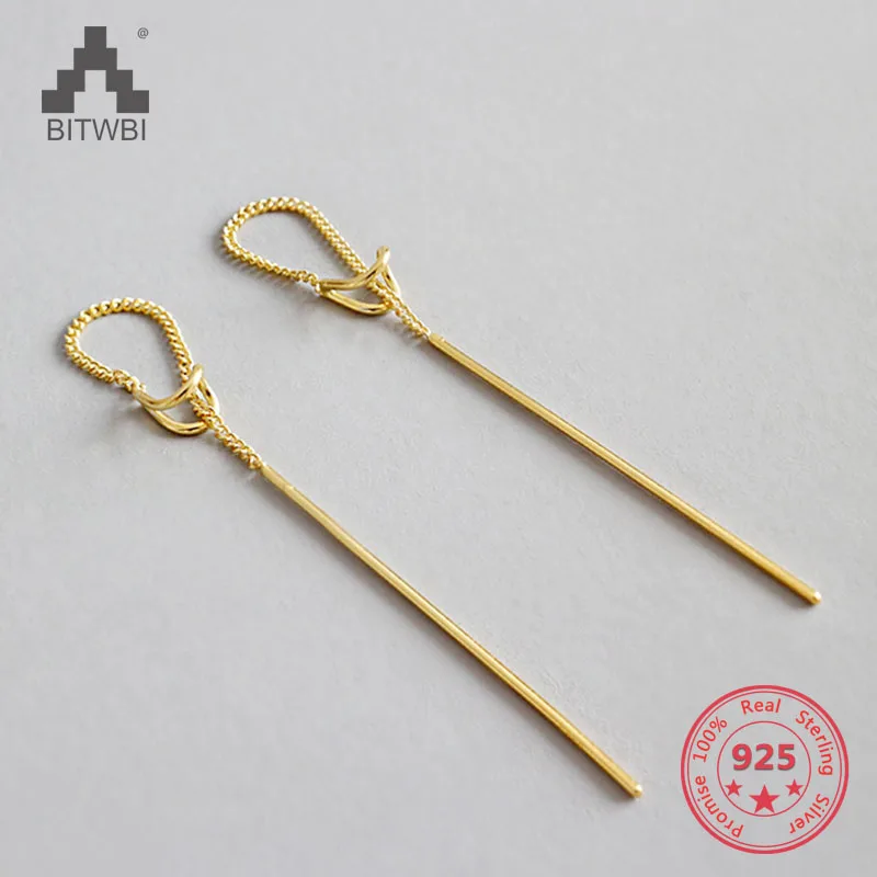 

925 Silver Simple Strip Bar Line Chain Earrings Gold Color Fashion Jewelry
