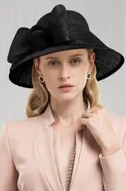 Black Sinamay Hat Элегантная бежевая, белая, черная, розовая Женская шляпка с широкими полями, женская шляпа, элегантная, с большим бантом, льняная, свадебная фетра, Кентукки шляпа котелок - Цвет: Black Sinamay Hat