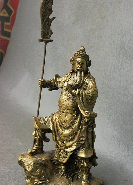 9 китайская латунь шагнула на камень воин Бог Гуань Гонг Ю дракон меч статуя | Дом