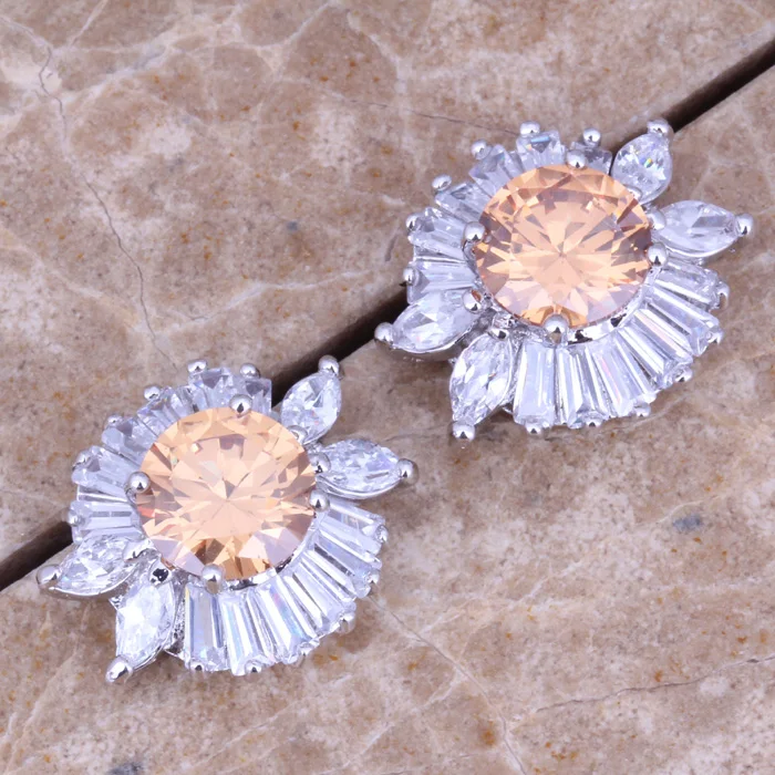 Изумительное шампанское Морганит Белый CZ посеребренные серьги гвоздики K956|jewelry