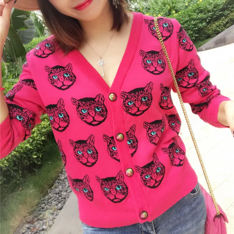 2018 fashion Winter Cat Head Pattern Vintage Oversized Sweater Jacket Jersey Luxury Wool Knit Jumper Runway Designer Cardigan |