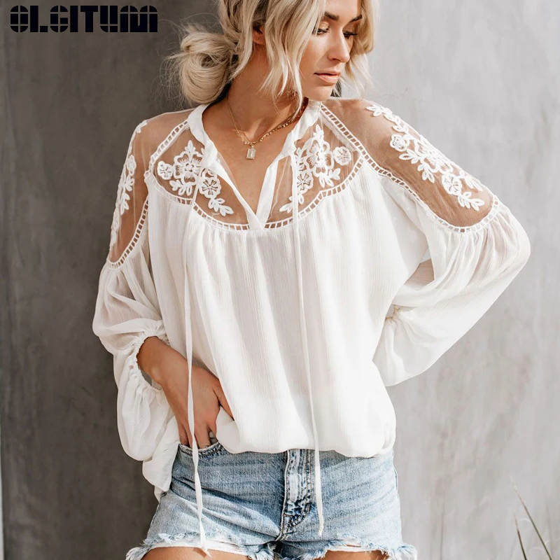 Женская кружевная блузка Boho свободная с рукавом фонариком из шифона BS335|Блузки| |