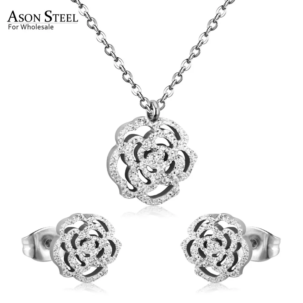 Frosted Silver ASONSTEEL Bridal Jewelry Sets Stainless Steel Gold/Silver Color Romantic Flower Shape Pendants Charm Chain Necklace Earring Sets - Окраска металла: Frosted Silver