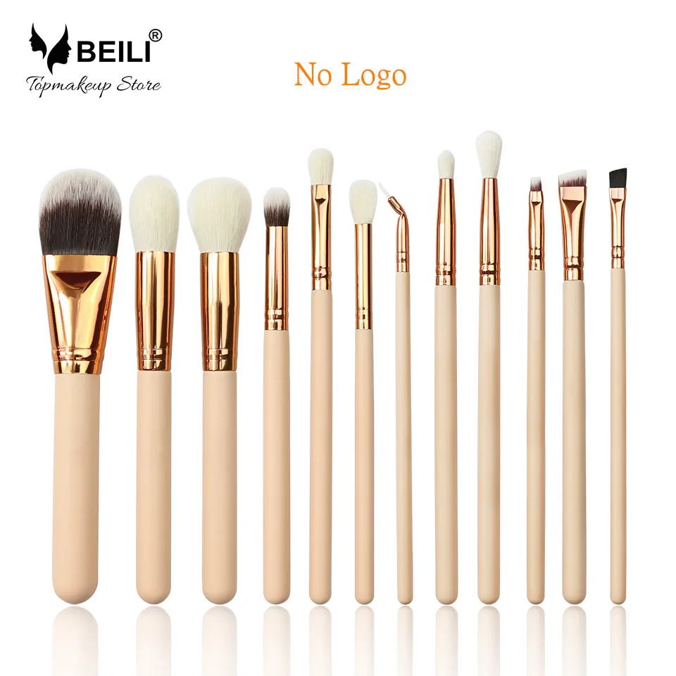 No Logo BEILI, розовый цвет, 12 шт., розовый цвет, золотой цвет, натуральная козья шерсть, Премиум основа, тени для век, румяна, пудра, хайлайтер, консилер, набор кистей для макияжа - Handle Color: No Logo