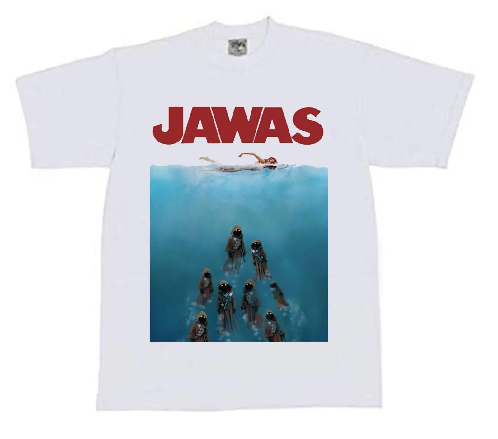 Новая повседневная футболка унисекс JAWAS STARWARS JAWS PARODY белая с принтом бесплатная