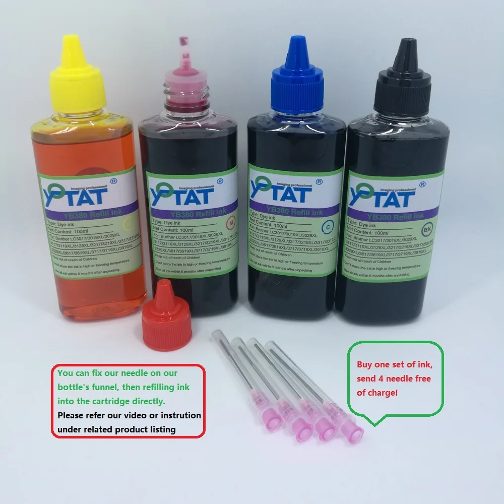 

YOTAT 4Color 100ml Dye ink refill kit for Brother LC3019 LC3017 LC3029 LC3219 LC3217 LC3319 LC3317 LC3329 ink cartridge or CISS