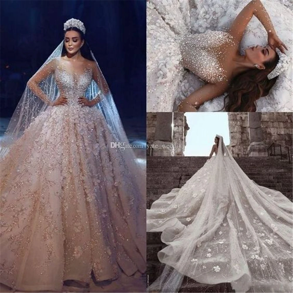 Dubai Luxury Wedding Dresses Unique Lace Party Dresses Luxury Cathedral Royal Train Lace Vestido De Noiva SWL014 Bridal Gown