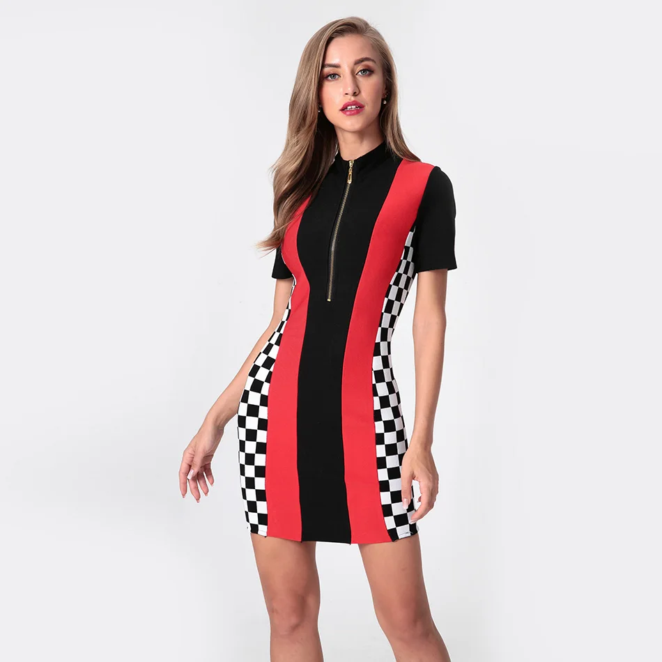 Женское облегающее платье выше колена короткое Бандажное в клетку с коротким