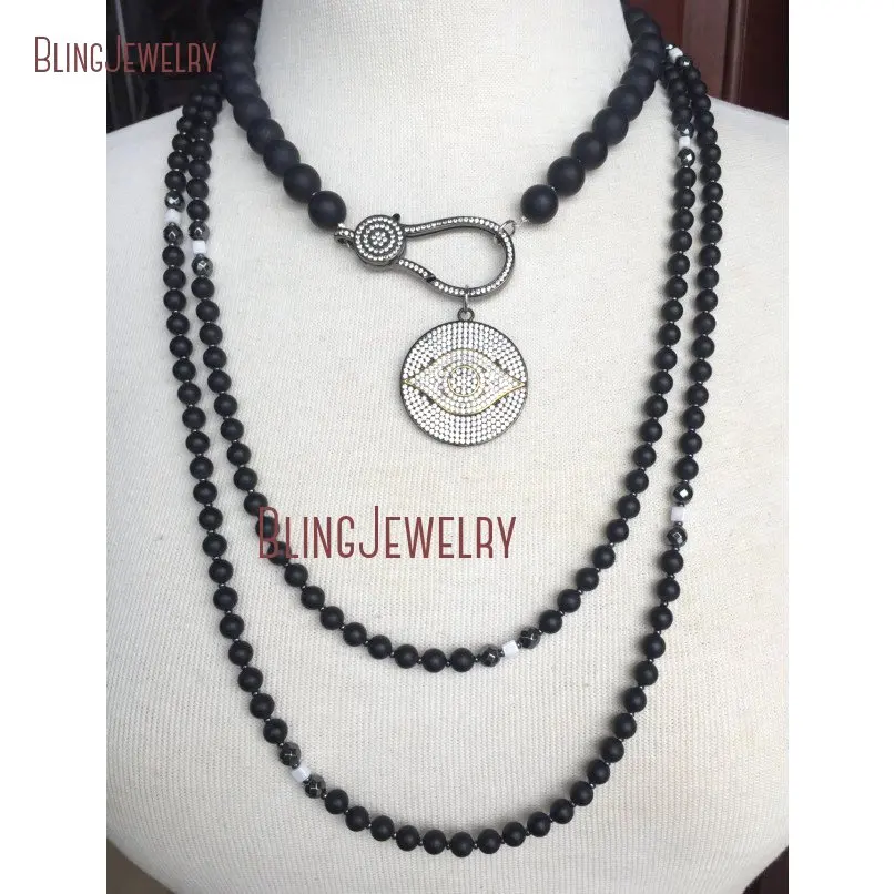 ?? マットブラックオニキスショートネックレスパヴェクリスタルガンメタルクラスプガンメタルゴールドパヴェクリスタル邪眼ディスクチョーカーネックレス NM18385