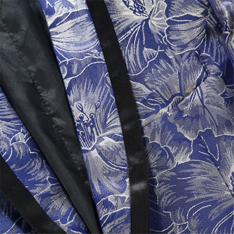 Male Fashion Classic Shawl Blue Floral Pattern Jacquard Blazer Slim Fit Designs Plus Size Singers Costume Jacket With Bow Tie | Мужская