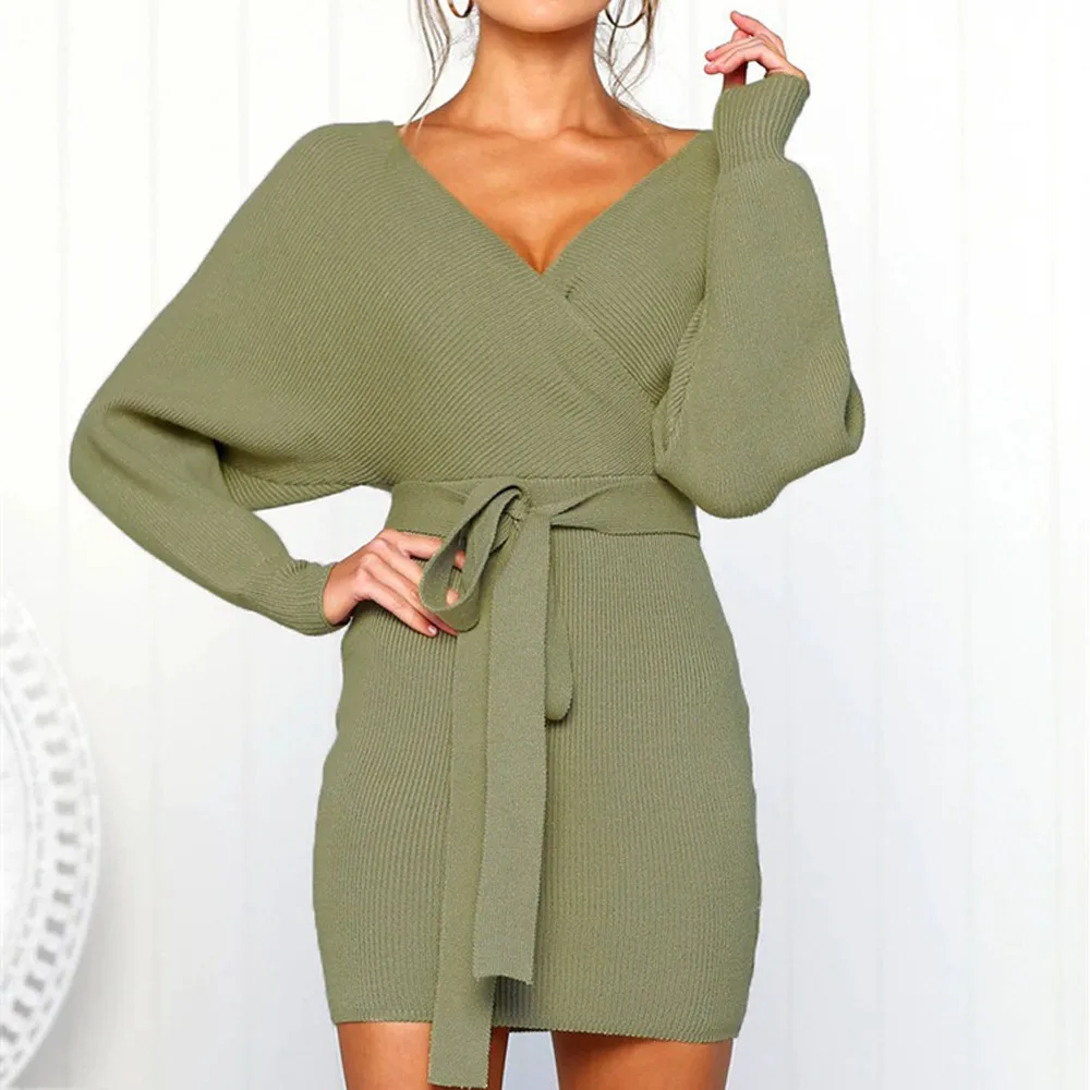 Женское платье сексуальное с v образным вырезом вязаный свитер поясом низким на