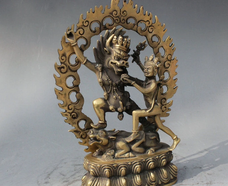 8-дюймовая старая тибетская буддистская латунная статуя Ямантака Будда яма