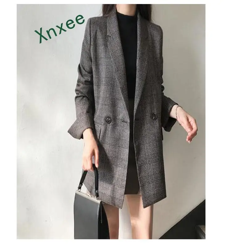 Xnxee винтажный однобортный клетчатый женский Блейзер весенние куртки с карманами