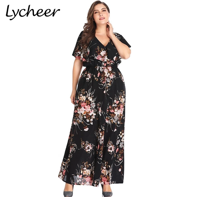 Женское длинное платье с цветочным принтом Lycheer летнее макси коротким рукавом и