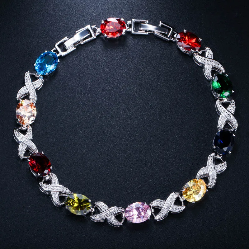 multicolor CWWZircons Высокое качество Серебряный цвет крест Круглый Кубический Цирконий для женщин звено цепи браслеты для свадьбы свадебные аксессуары CB008 - Окраска металла: multicolor