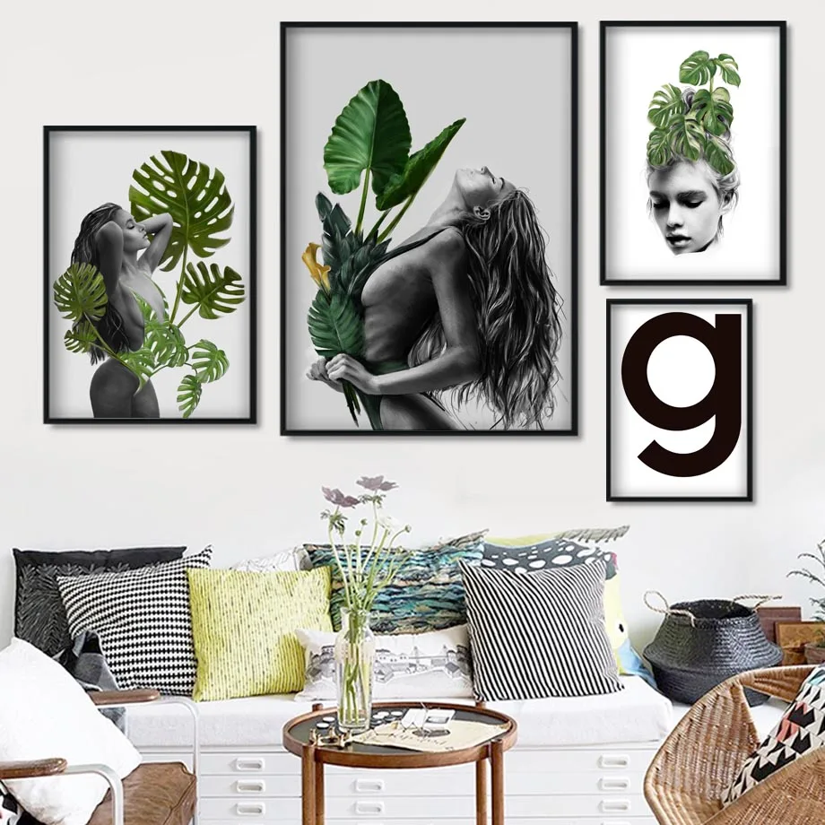 Сексуальная Девушка листья монстеры фигурка растения Wall Art Холст Картина Nordic