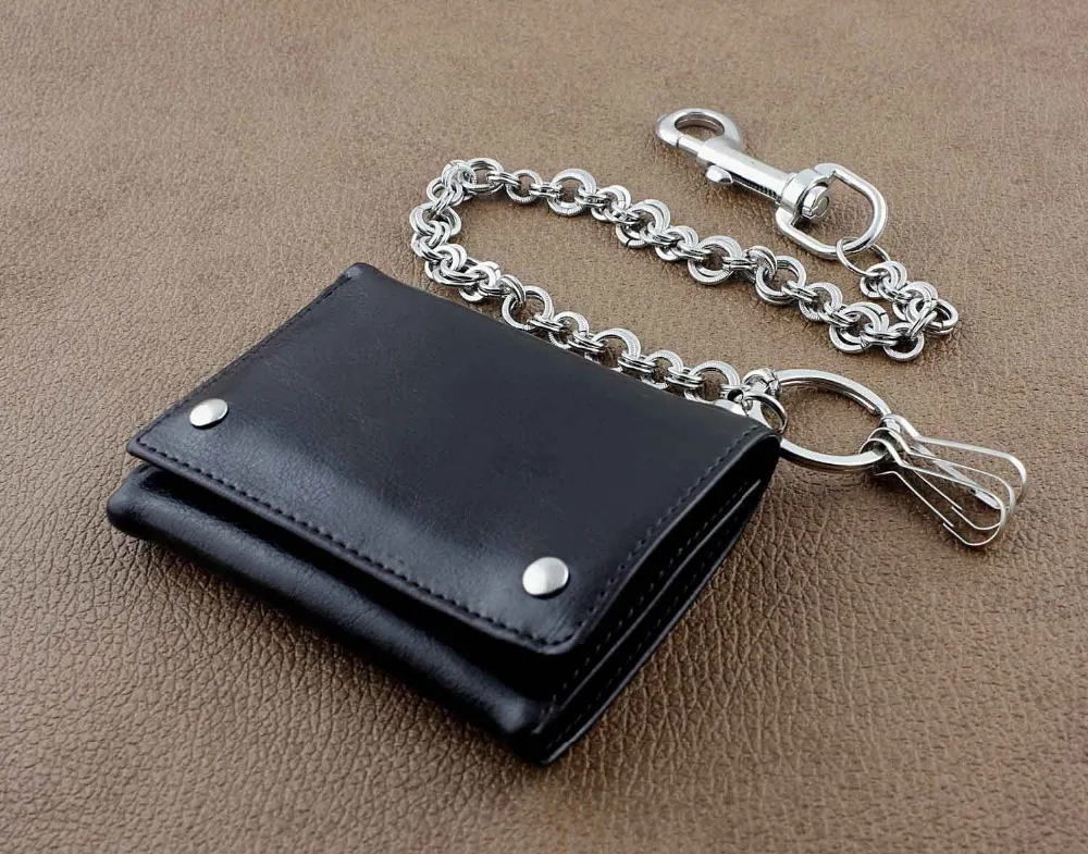 Мужской тройной кожаный бумажник для мальчиков с длинным металлическим кольцом