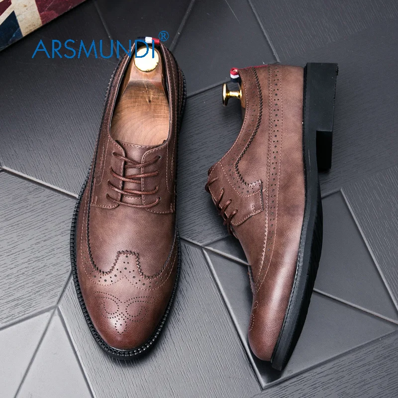ARSMUNDI Men Dress Shoes Brogue Genuine Leather Black Fashion Business 2017 Lace Up Casual 92-9A216 | Обувь