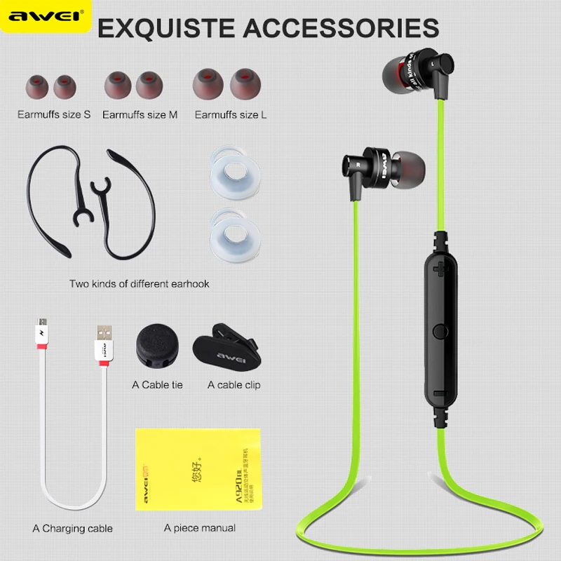 Awei A990BL Earphones Bluetooth 4.0 Wireless Sports Handsfree Portable In-Ear Earphone with Mic for Android IOS Mobile Phone | Электроника