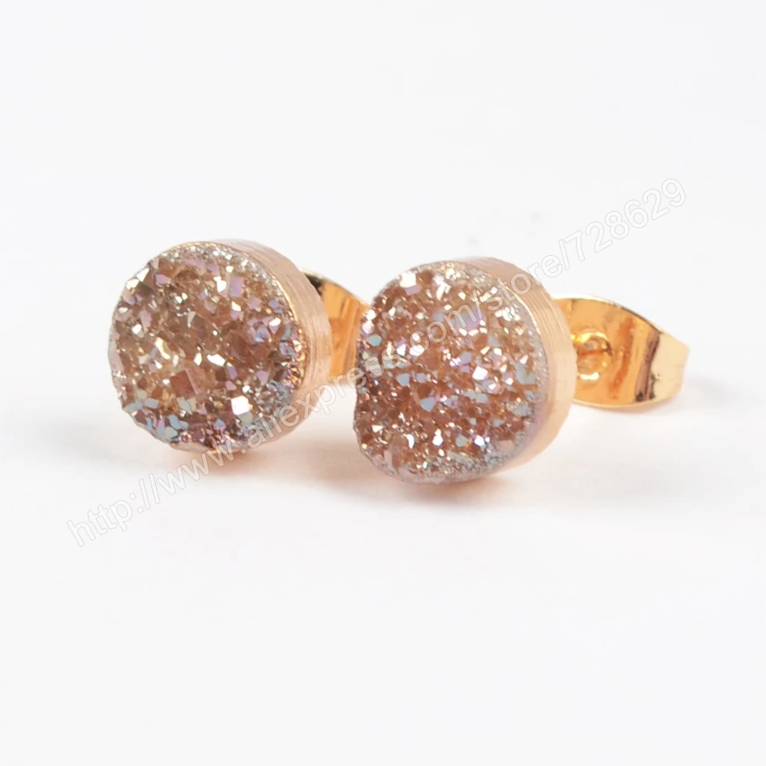 Круглые серьги гвоздики BOROSA G0889 из титана с натуральным кристаллом 5 цветов