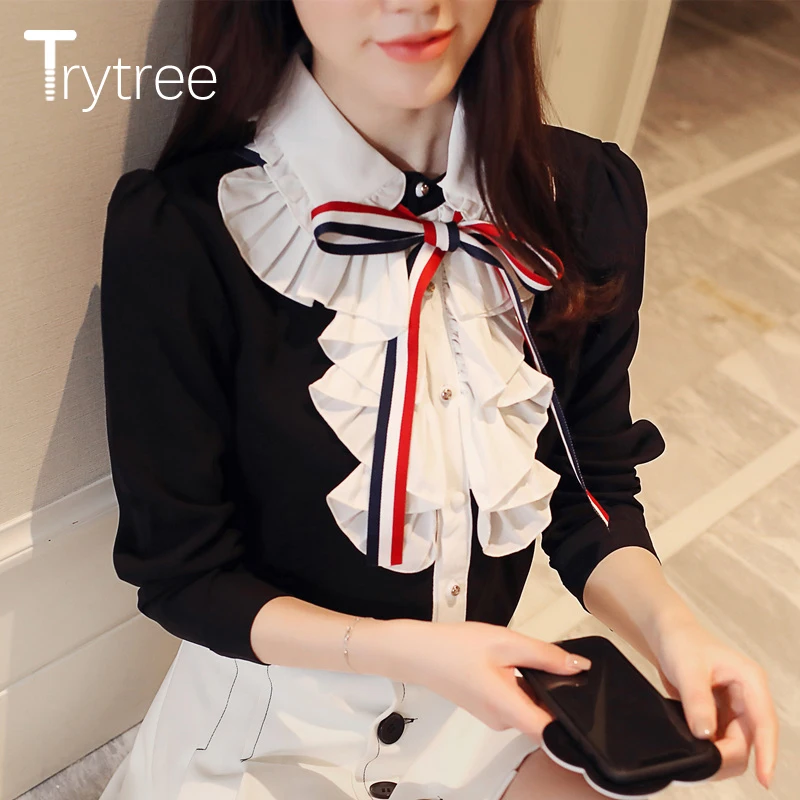 Trytree/весенне летняя женская блузка Повседневная рубашка из полиэстера с бантом и