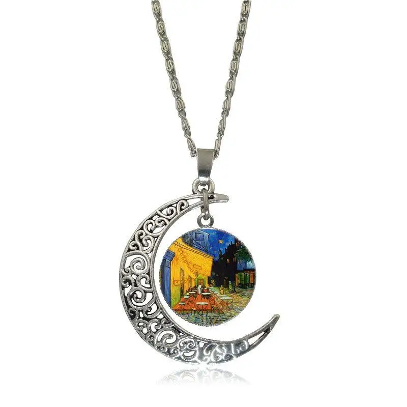 EJ Glaze Van Gogh Cafe Terrace Necklace Fashion Long Chain With Crescent Shaped Jewelry For Women Jewellery | Украшения и