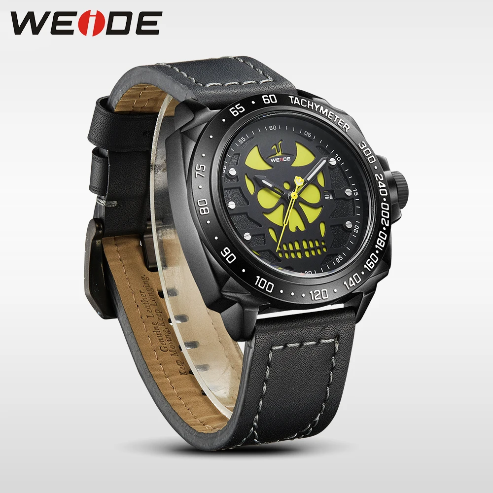 WEIDE Black Watch Men Casual Leather Strap Quartz Yellow Dial Analog Display Water Resistant Big Fashion High Quality Male Clock | Наручные