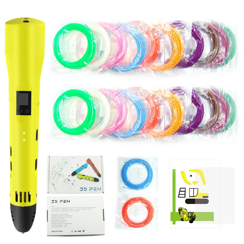 Yellow 3D Pen QCREATE 3D печатная ручка низкотемпературная 3D Ручка ЖК-дисплей с регулируемой температурой нагрева 8 скоростей добавить 100 м нити - Цвет: Yellow 3D Pen
