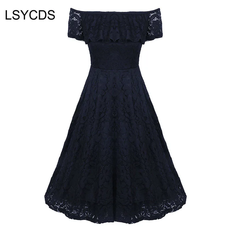 Woman Dresses 2018 Short Sleeve Ruffled Neck Wedding Party Wear Casual A-line Sexy Red Black Blue Lace Dress Plus Size S-3XL |