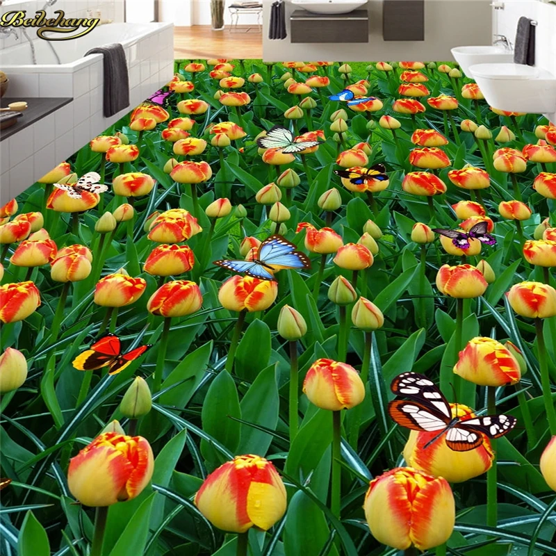 

beibehang Custom Photo Wallpaper Floor Painting Stickers Beautiful Tulip Butterfly Flower Seafood 3D Floor papel de parede