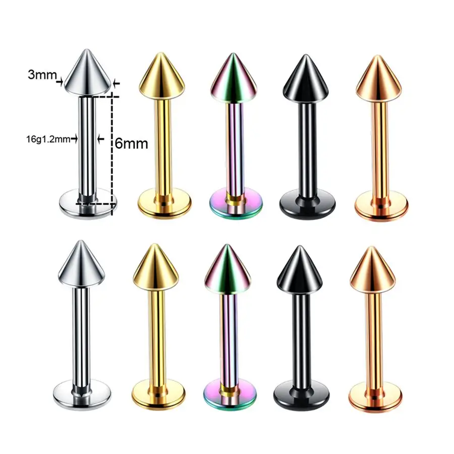 Labret Spike 6mm 10 шт./партия, стальной сегмент, кольцо, смешанные цвета, нос, губы, брови, язык, Спиральные серьги, кольца, неполные кольца с шариками, пирсинг тела, ювелирные изделия 16 г - Окраска металла: Labret Spike 6mm