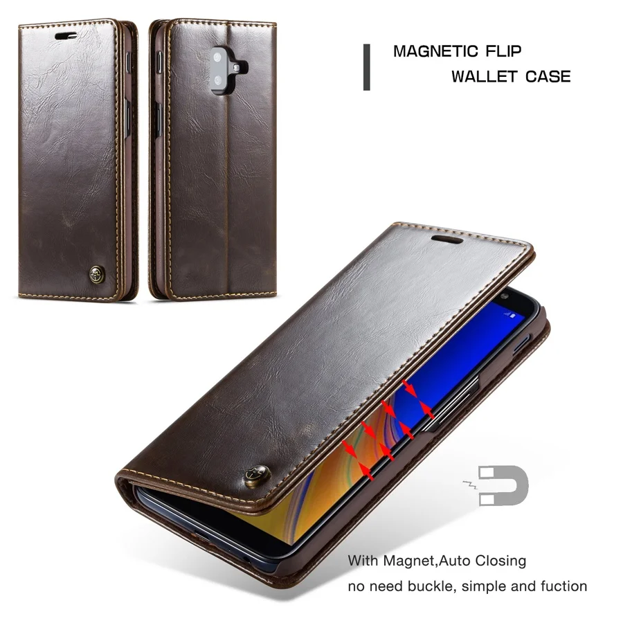 Fashion Oil-wax Leather Flip Cover Case for Samsung Galaxy J4 J6 Plus 2018 Brand Original with Card Holder Coque Classic | Мобильные