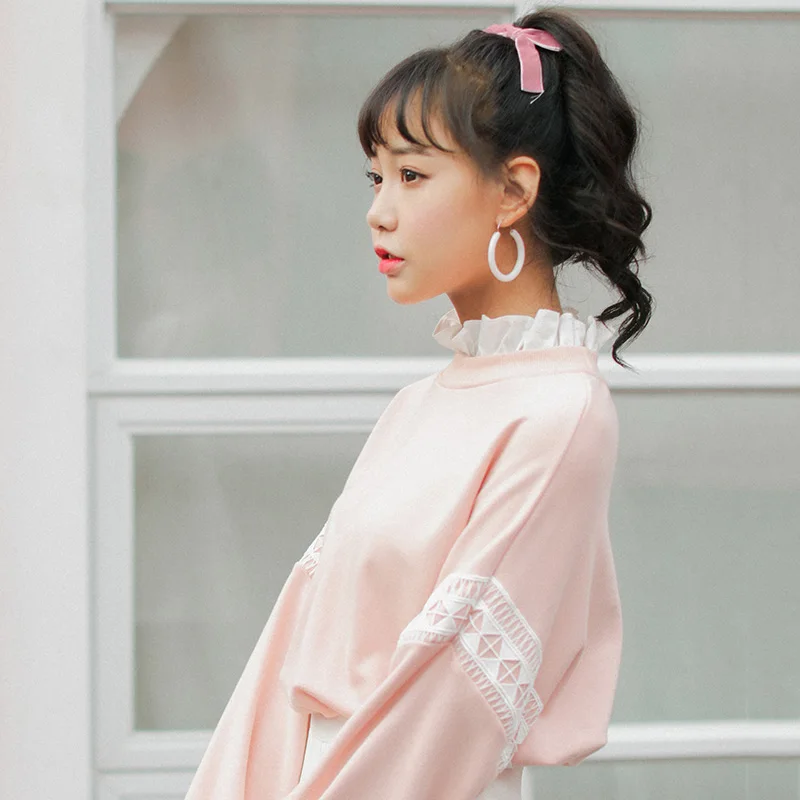 Женская Толстовка harajuku розовая толстовка в Корейском стиле с кружевной вышивкой