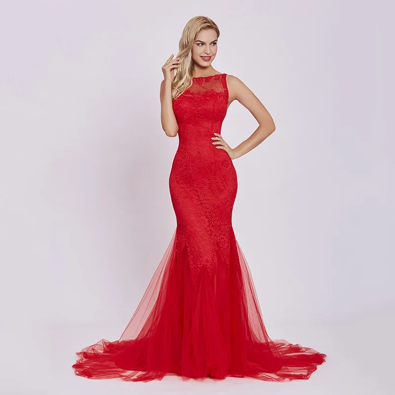 red Tanpell вечернее платье с коротким шлейфом, красное, без рукавов, с аппликацией, длина до пола, женское кружевное с открытой спиной фасона "Русалка", вечернее платье es - Цвет: red