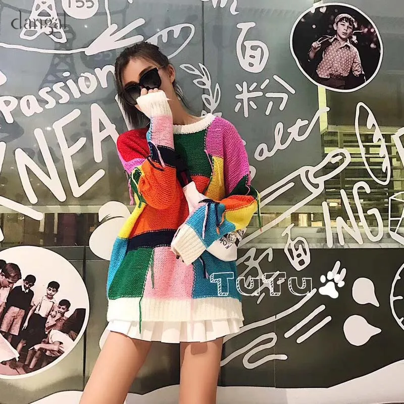 2018 Новый женский Harajuku Kawaii свободный Русалка Длинный цветной лоскутный свитер