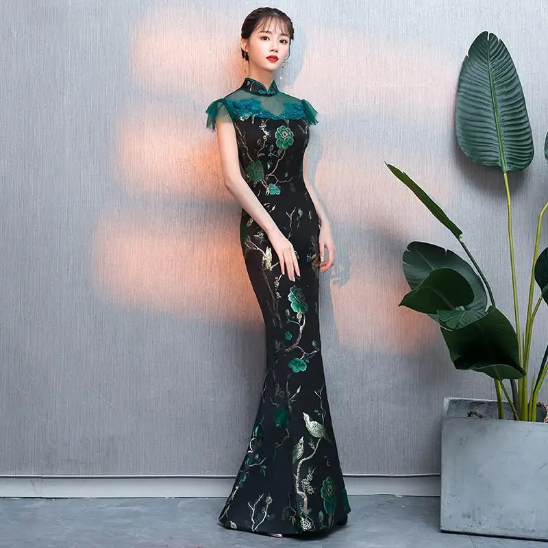 Традиционная китайская вышивка элегантные черные женские Qipao Русалка Длинные винтажные Cheongsam Сексуальные узкие вечерние платья для выпускного вечера Большие размеры 3XL - Цвет: Dark Green