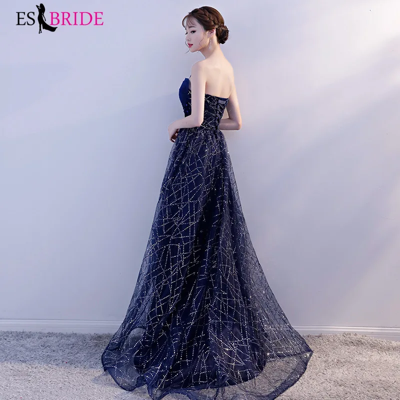 Королевский синий звездное небо Сексуальное Платье Vestidos de fiesta de noche с открытой спиной кружевное свадебное вечернее платье ES1617