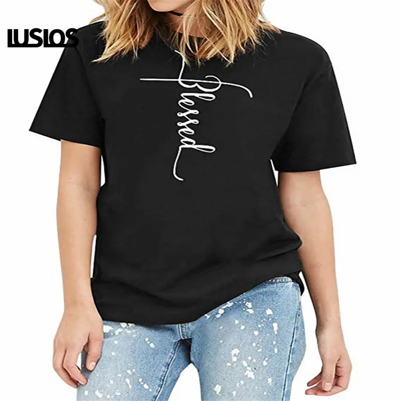 

LUSLOS BLESSED для женщин простая футболка с печатными буквами размера плюс 3 вида цветов уличная футболка Homme Harajuku с О-образным вырезом, модные фут...