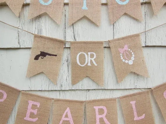 CUSTOM PISTOLS OR PEARLS Gender Reveal burlap Banners birthday baby shower nursery room party Buntings garlands Photo Prop | Дом и сад