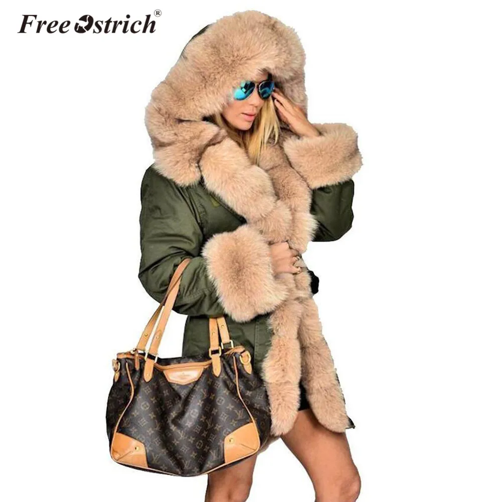 Куртки Ostrich, одноцветная куртка с меховым капюшоном Повседневное теплая Толстая зимняя куртка Для женщин длинное пальто Jaqueta Feminina K3040