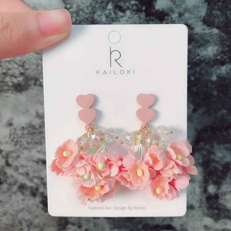 Korean Females sweet personality heart earing temperament pink Dry flowers crystal water drop earrings for women fashion jewelry | Украшения